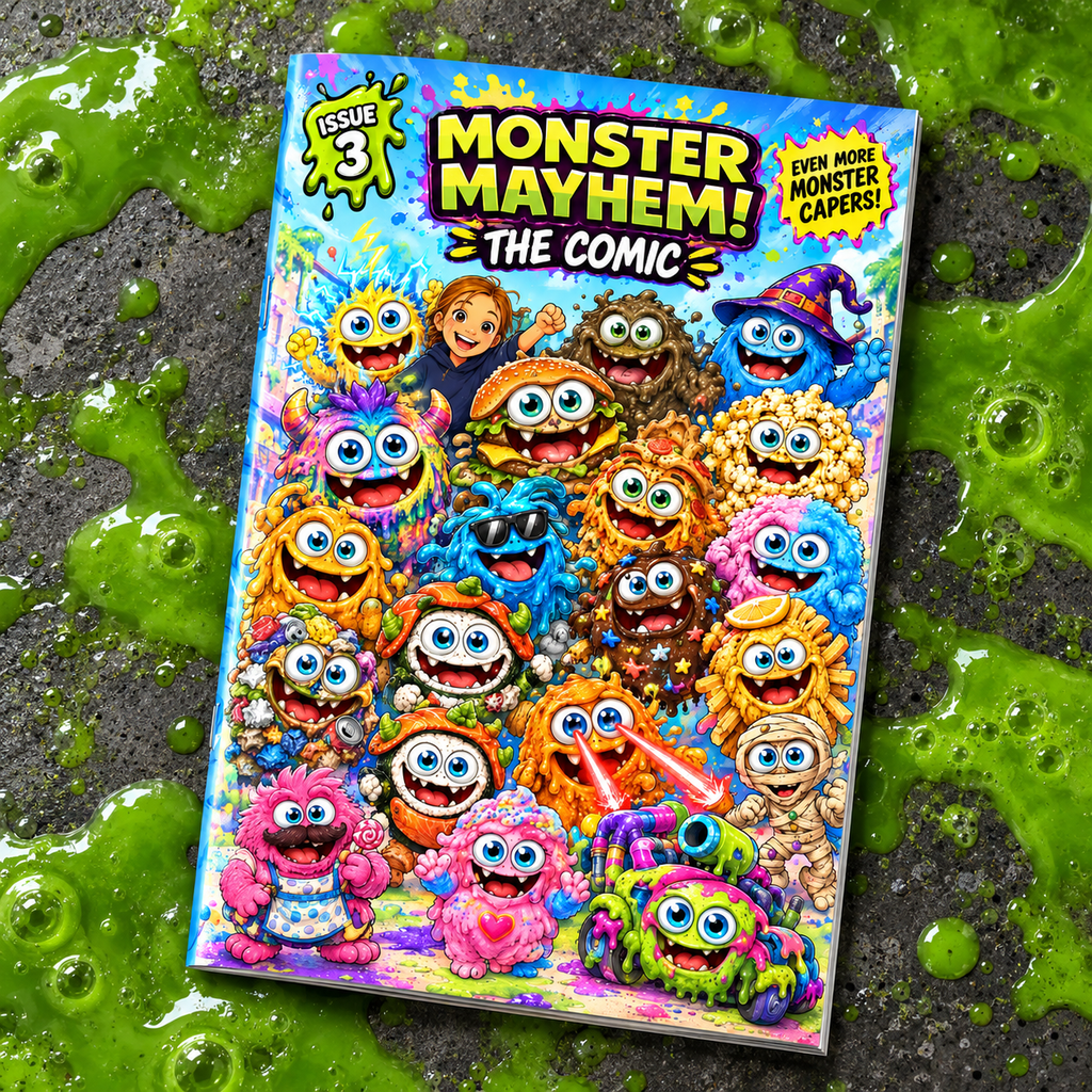 Monster Mayhem: The Comic, Issue 3 cover, packed with monsters and Eva, lying on a puddle of green slime