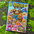 Monster Mayhem: The Comic, Issue 3 cover, packed with monsters and Eva, lying on a puddle of green slime