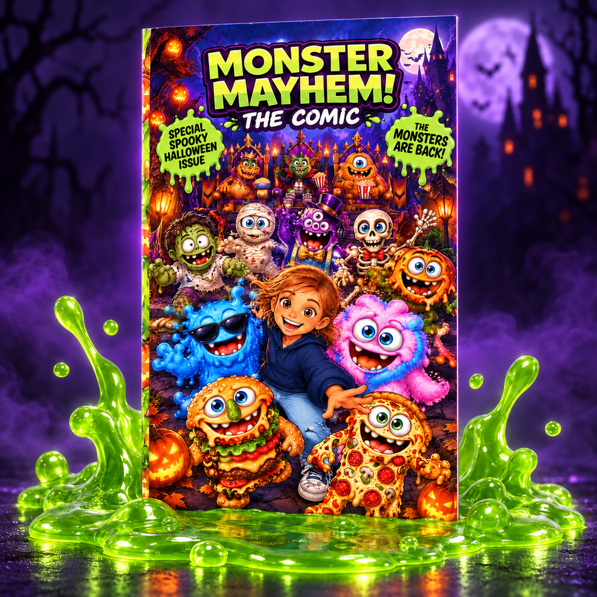 The Comic, Special Halloween Edition standing in a splash of green slime under a purple haunted-castle moon