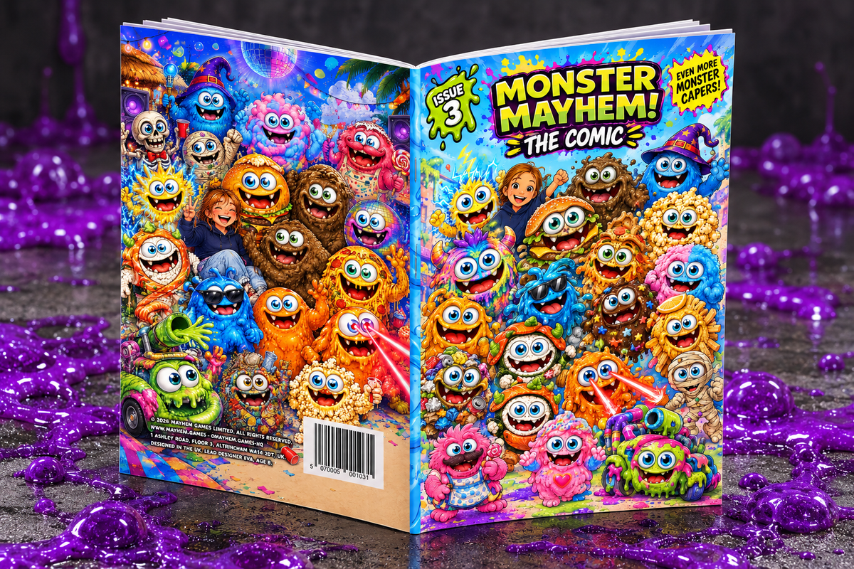 The Comic, Issue 3 standing open to show the front and back covers, surrounded by purple slime