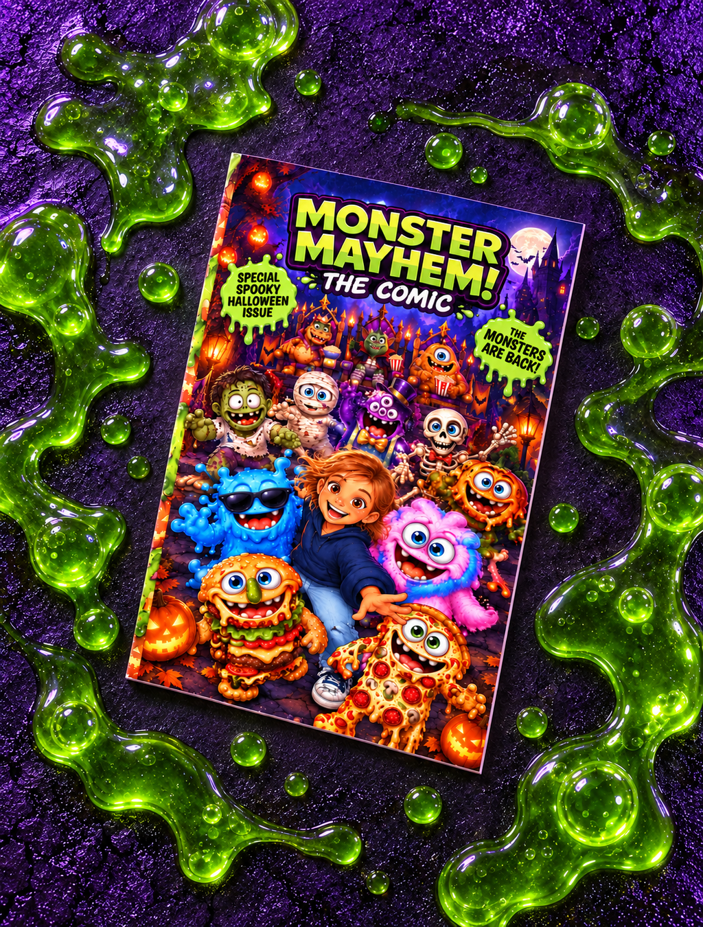 The Comic, Special Halloween Edition lying on a purple sparkly surface surrounded by green slime