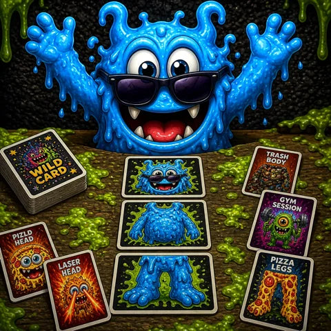 A blue Monster Mayhem creature mixing and matching head, body and leg cards