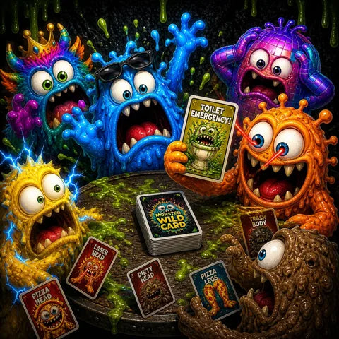 Monsters surrounded by chaos cards and a toilet erupting with green slime
