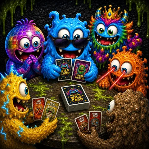 Three Monster Mayhem creatures drawing cards from the deck